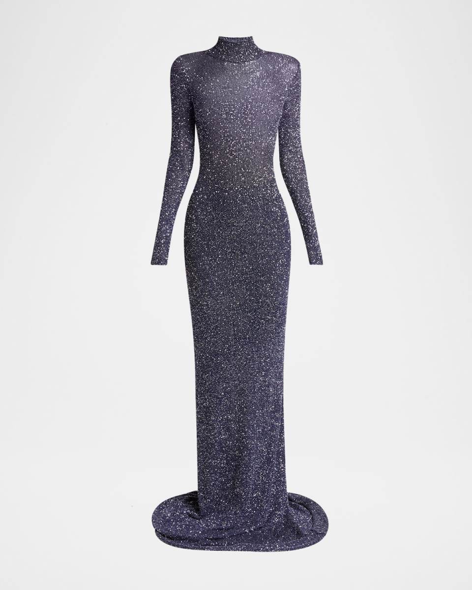 Sequined Mock-Neck Maxi Dress